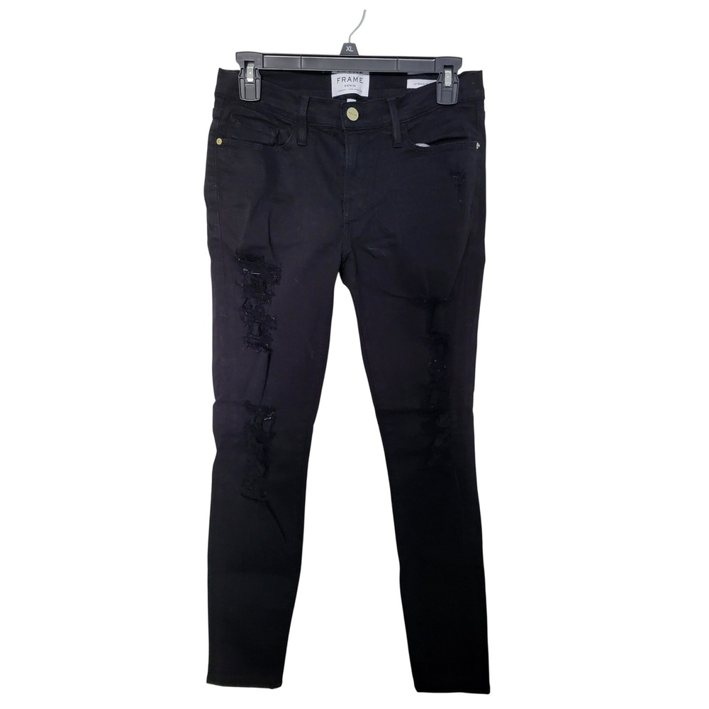 Frame Le Skinny de Jeanne Jeans Women 28 Black Distressed Shredded Denim
